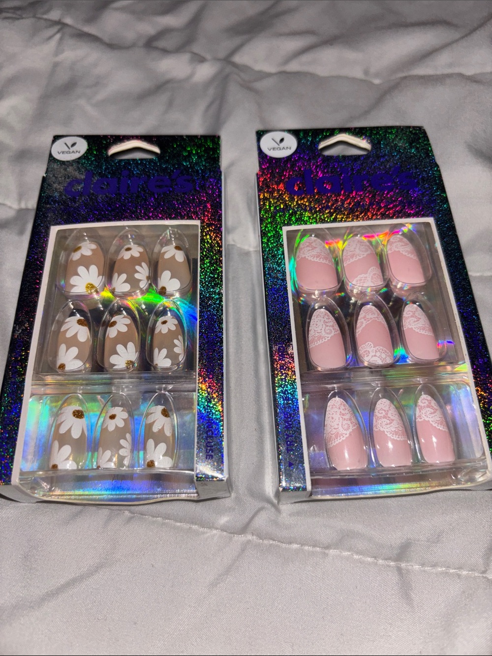 Claire's Pink and Tan Floral & Lace Glue-On Nails - 2 Packs(Brand New)